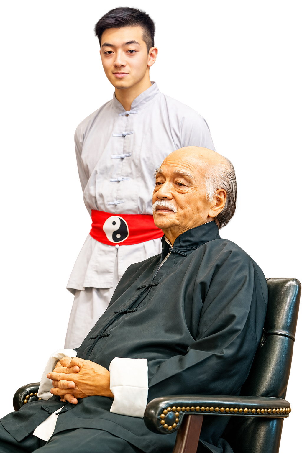 Grand Maître Nam Anh assis avec son fils en tenue blanche et ceinture rouge, en janvier 2026